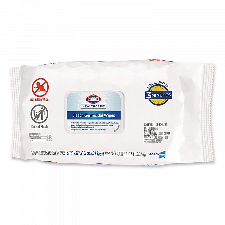 Bleach Germicidal Wipes, Disinfectant Wipes, 1-Ply, 6.75 x 9, Unscented, White, 100 Wipes/Flex-Pack, 6 Flex-Packs/Carton (32621)