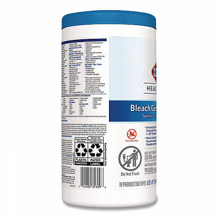 Bleach Germicidal Wipes, 1-Ply, 6.75 x 9, Unscented, White, 70/Canister, 6 Canisters/Carton (35309CT)