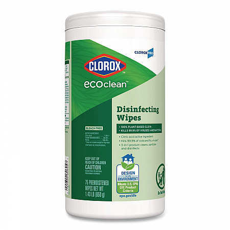 CloroxPro EcoClean Disinfecting Wipes, 1-Ply, 8 x 7, Unscented, White, 75 Count, 6/Carton (60605CT)