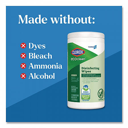CloroxPro EcoClean Disinfecting Wipes, 1-Ply, 8 x 7, Unscented, White, 75 Count, 6/Carton (60605CT)