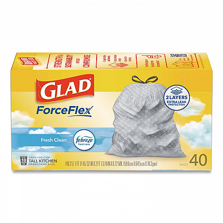 ForceFlex Kitchen Drawstring Trash Bags, 13 gal, Gain Fresh Clean Scent, 24 x 27.38, White, 40 Bags/Box, 6 Boxes/Carton (78361)