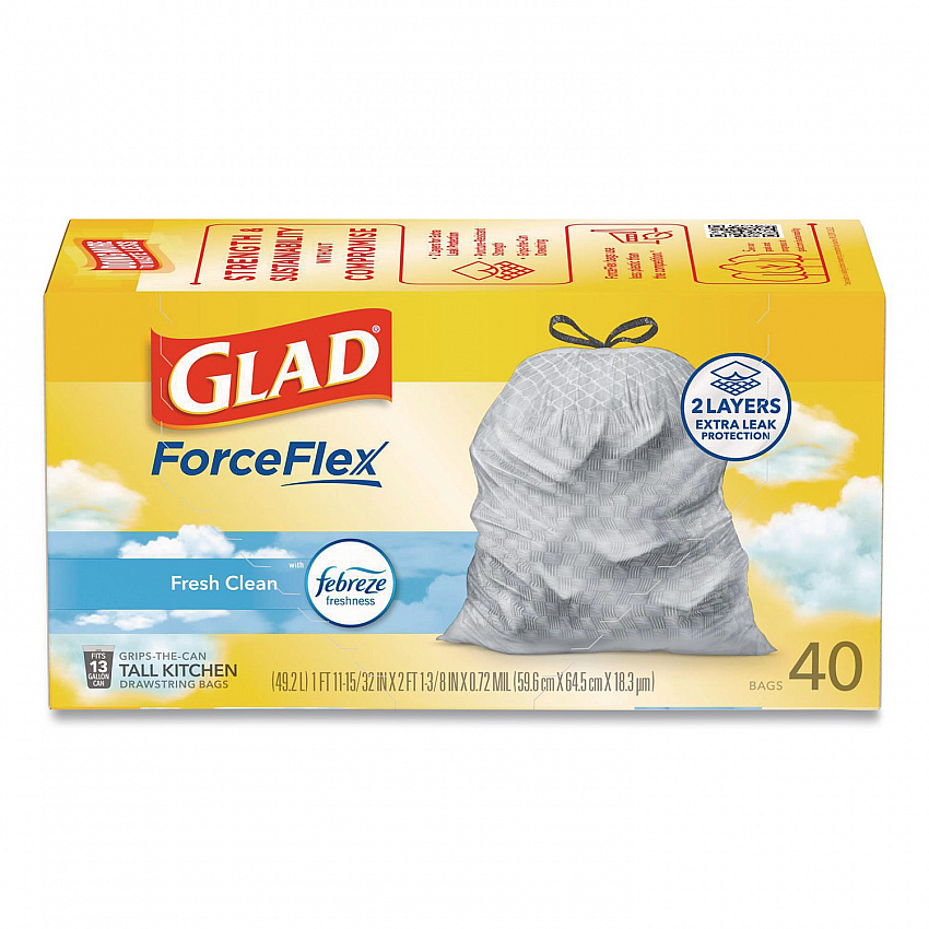 ForceFlex Kitchen Drawstring Trash Bags, 13 gal, Gain Fresh Clean Scent, 24 x 27.38, White, 40 Bags/Box, 6 Boxes/Carton (78361)