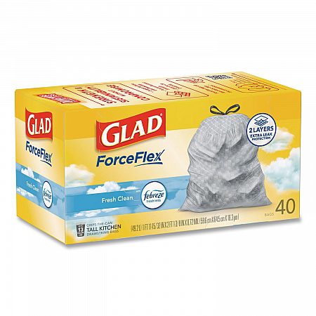 ForceFlex Kitchen Drawstring Trash Bags, 13 gal, Gain Fresh Clean Scent, 24 x 27.38, White, 40 Bags/Box, 6 Boxes/Carton (78361)