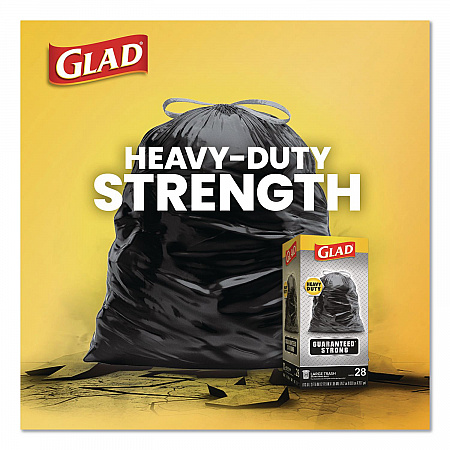 Guaranteed Strong Large Drawstring Trash Bags, Three-Ply, 30 gal, 1.05 mil, 30 x 33, Black, 28 Bags/Box, 6 Boxes/Carton (78966)