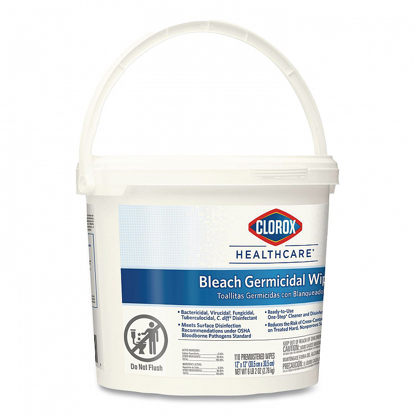 Bleach Germicidal Wipes, 1-Ply, 12 x 12, Unscented, White, 110/Bucket, 2 Buckets/Carton (30358CT)