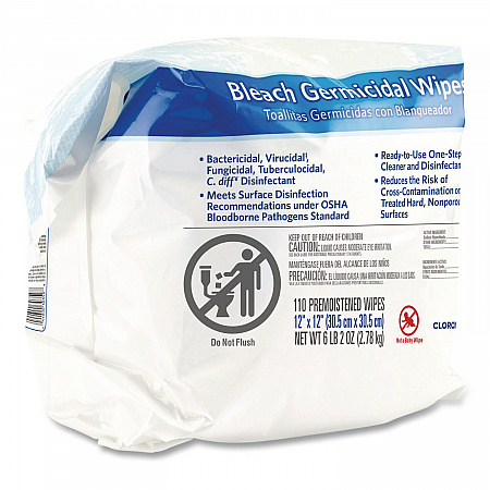 Bleach Germicidal Wipes, 1-Ply, 12 x 12, Unscented, White, 110/Refill, 2 Refills/Carton (30359CT)