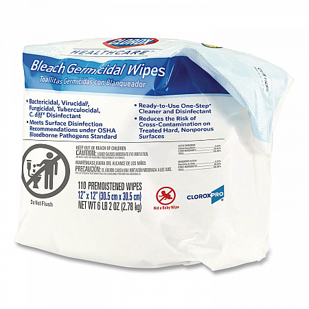 Bleach Germicidal Wipes, 1-Ply, 12 x 12, Unscented, White, 110/Refill, 2 Refills/Carton (30359CT)