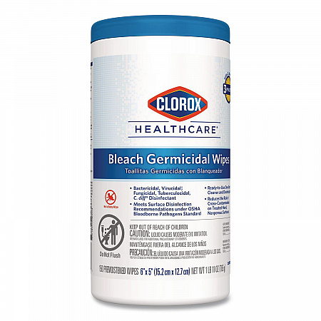 Bleach Germicidal Wipes, 1-Ply, 6 x 5, Unscented, White, 150/Canister, 6 Canisters/Carton (30577CT)