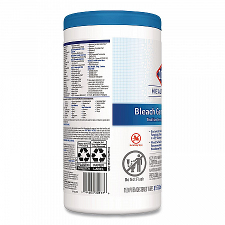 Bleach Germicidal Wipes, 1-Ply, 6 x 5, Unscented, White, 150/Canister, 6 Canisters/Carton (30577CT)