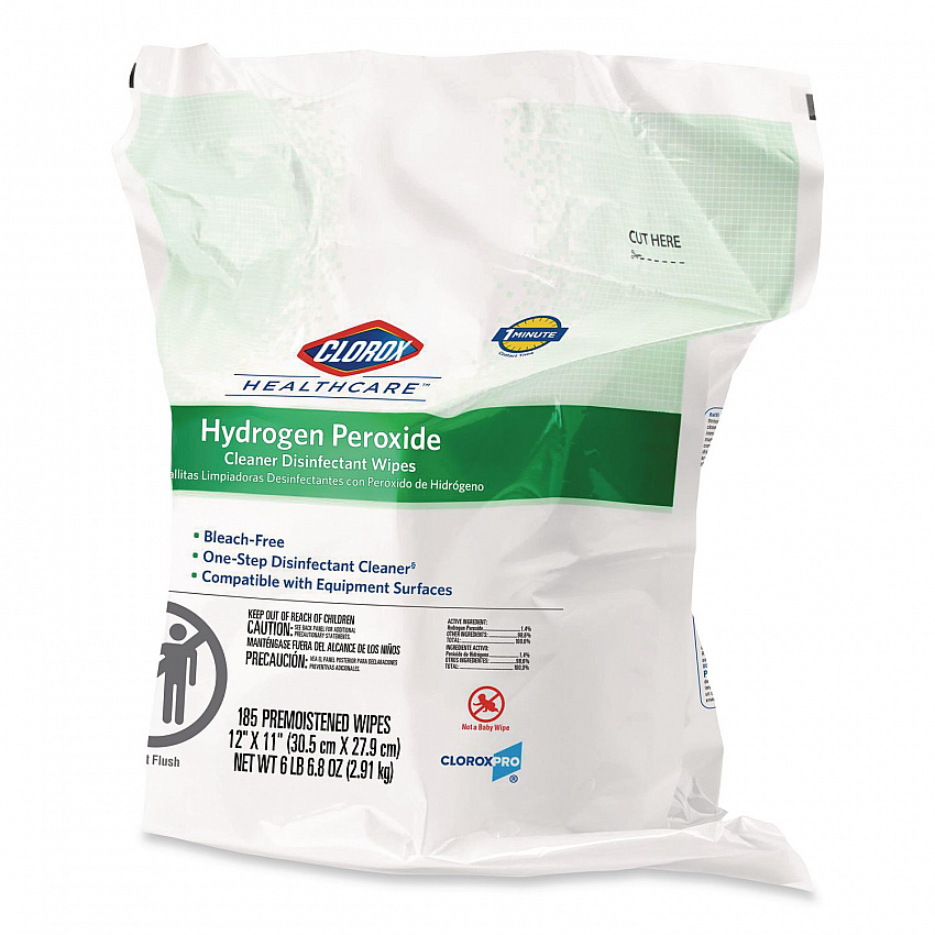 Hydrogen Peroxide Cleaner Disinfectant Wipes, 12 x 11, Unscented, White, 185/Pack, 2 Packs/Carton (30827)