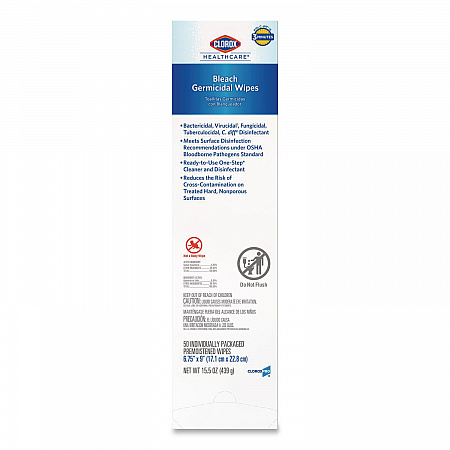 Bleach Germicidal Wipes, Individual Wipes, 1-Ply, 6.75 x 9, Unscented, White, 50/Box, 6 Boxes/Carton (31424)