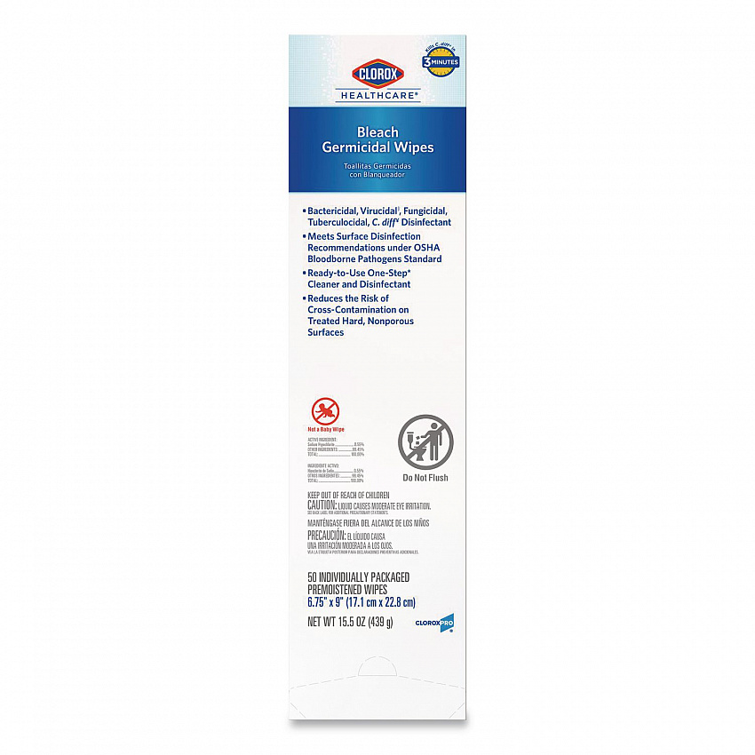 Bleach Germicidal Wipes, Individual Wipes, 1-Ply, 6.75 x 9, Unscented, White, 50/Box, 6 Boxes/Carton (31424)