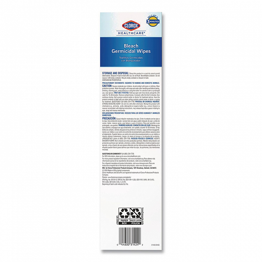 Bleach Germicidal Wipes, Individual Wipes, 1-Ply, 6.75 x 9, Unscented, White, 50/Box, 6 Boxes/Carton (31424)
