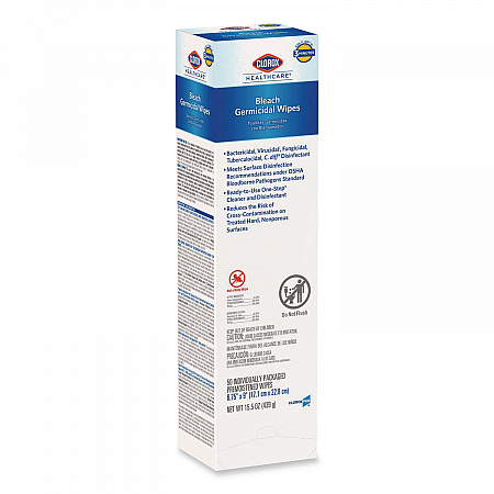 Bleach Germicidal Wipes, Individual Wipes, 1-Ply, 6.75 x 9, Unscented, White, 50/Box, 6 Boxes/Carton (31424)