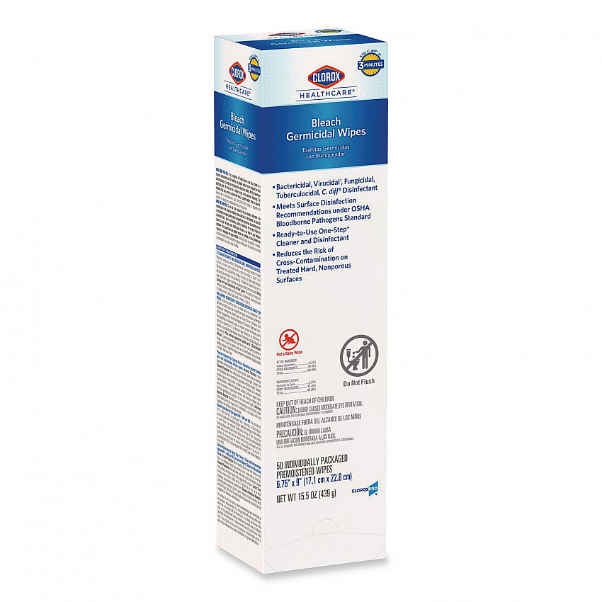 Bleach Germicidal Wipes, Individual Wipes, 1-Ply, 6.75 x 9, Unscented, White, 50/Box, 6 Boxes/Carton (31424)