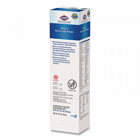 Bleach Germicidal Wipes, Individual Wipes, 1-Ply, 6.75 x 9, Unscented, White, 50/Box, 6 Boxes/Carton (31424)