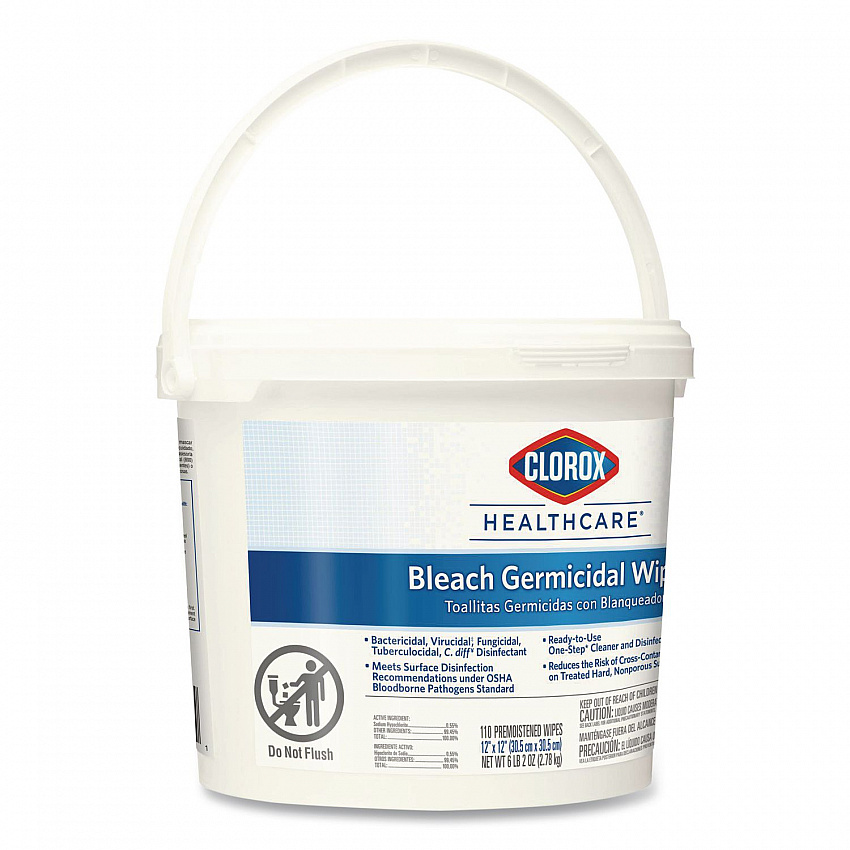 Bleach Germicidal Wipes, 1-Ply, 12 x 12, Unscented, White, 110/Bucket (30358)