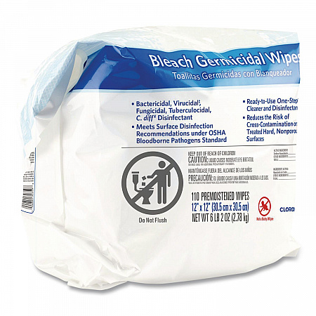 Bleach Germicidal Wipes, Refill for Bucket, 1-Ply, 12 x 12, Unscented, White, 110/Pouch (30359)