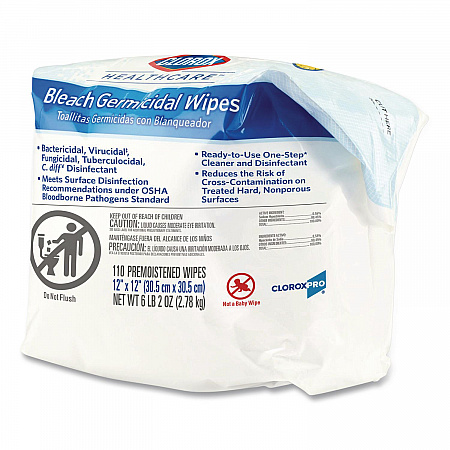 Bleach Germicidal Wipes, Refill for Bucket, 1-Ply, 12 x 12, Unscented, White, 110/Pouch (30359)