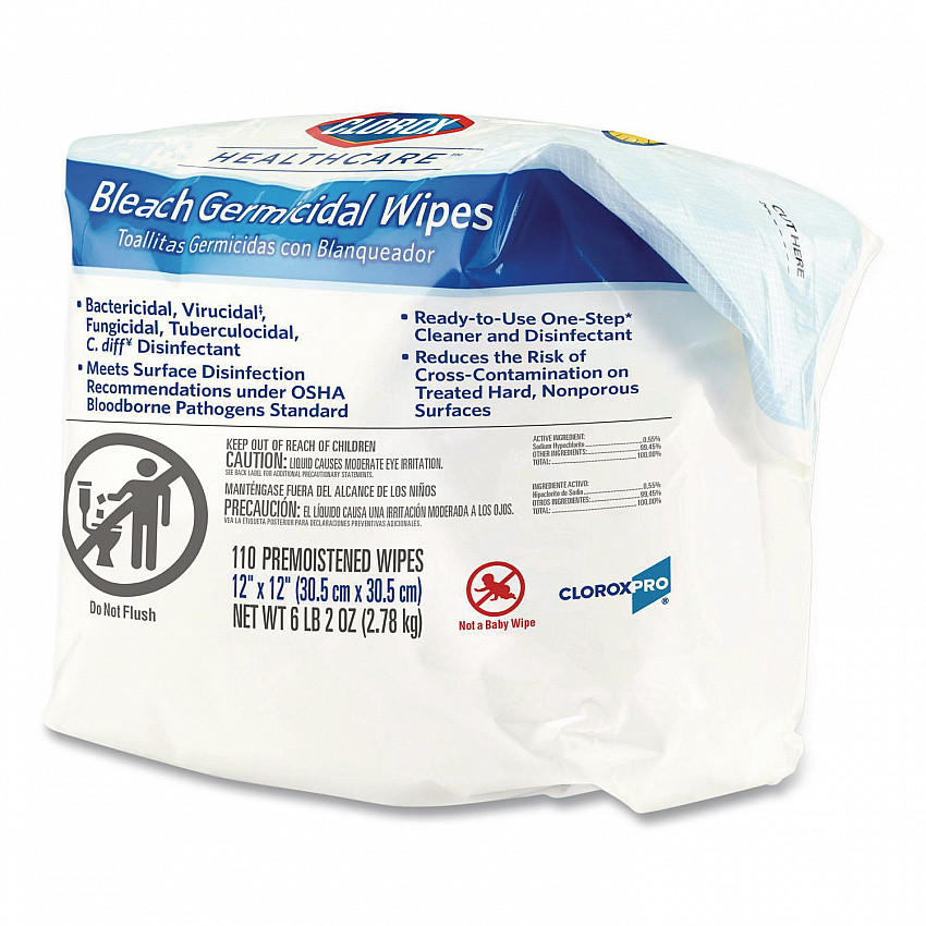 Bleach Germicidal Wipes, Refill for Bucket, 1-Ply, 12 x 12, Unscented, White, 110/Pouch (30359)