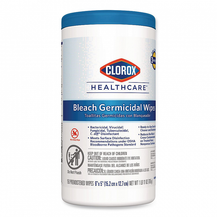 Bleach Germicidal Wipes, 1-Ply, 6 x 5, Unscented, White, 150/Canister (30577)