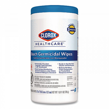 Bleach Germicidal Wipes, 1-Ply, 6 x 5, Unscented, White, 150/Canister (30577)