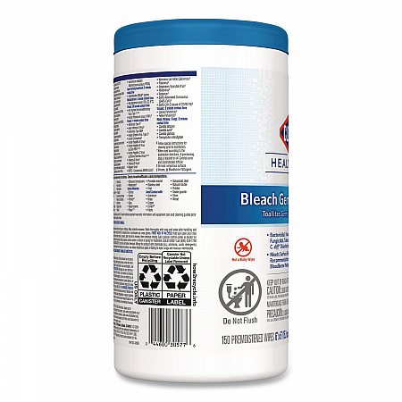 Bleach Germicidal Wipes, 1-Ply, 6 x 5, Unscented, White, 150/Canister (30577)