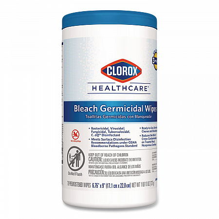 Bleach Germicidal Wipes, 1-Ply, 6.75 x 9, Unscented, White, 70/Canister (35309)