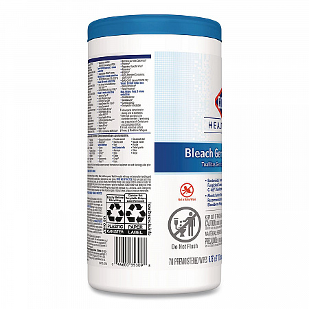 Bleach Germicidal Wipes, 1-Ply, 6.75 x 9, Unscented, White, 70/Canister (35309)