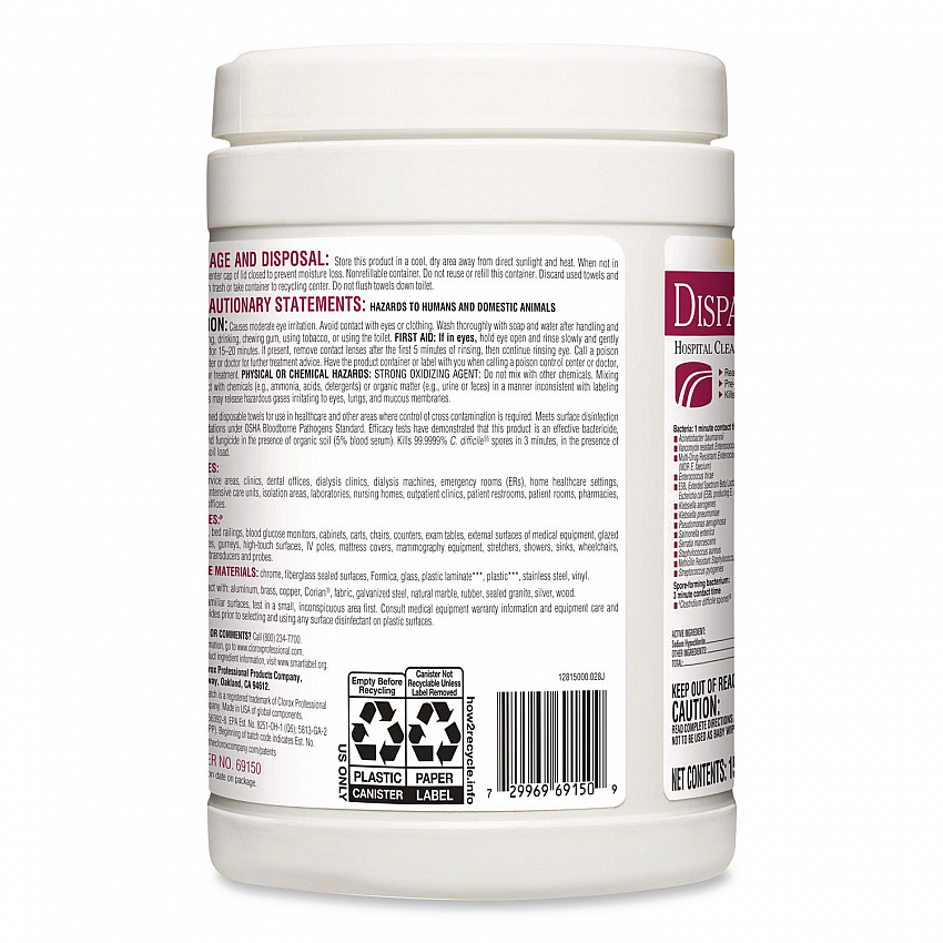 Dispatch Hospital Cleaner Disinfectant Towels with Bleach, 1-Ply, 6.75 x 8, Unscented, White, 150/Canister (69150EA)
