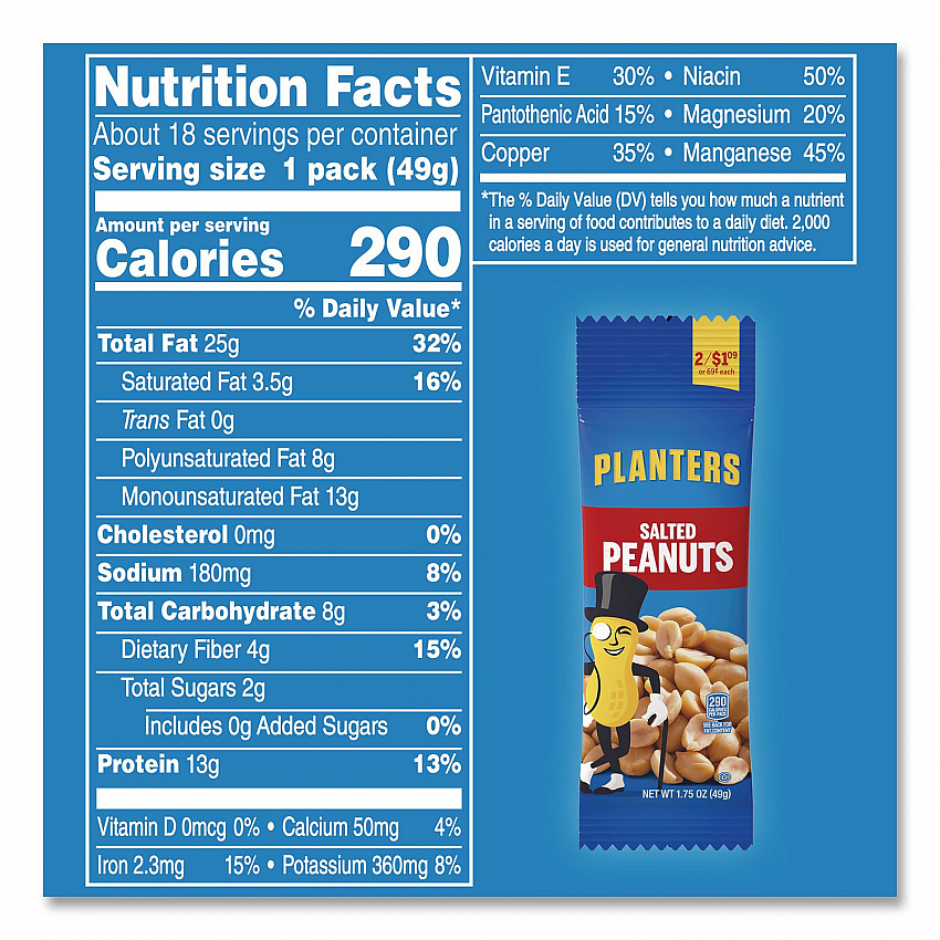 Salted Peanuts, 1.75 oz Pack, 18 Packs/Box (20900627)