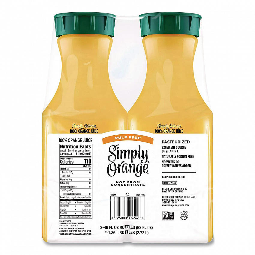 Orange Juice Pulp Free, 52 oz Bottle, 2/Pack (90200102)