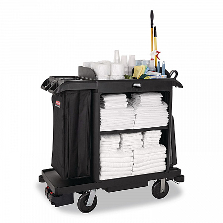 Compact Housekeeping Cart, Plastic, 3 Shelves 1 Bin, 23 x 53.12 x 19.1, Black (2202585)
