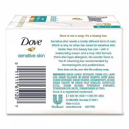 Sensitive Skin Bath Bar, Unscented, 3.75 oz, 8 Bars/Pack, 9 Packs/Carton (CB613789)