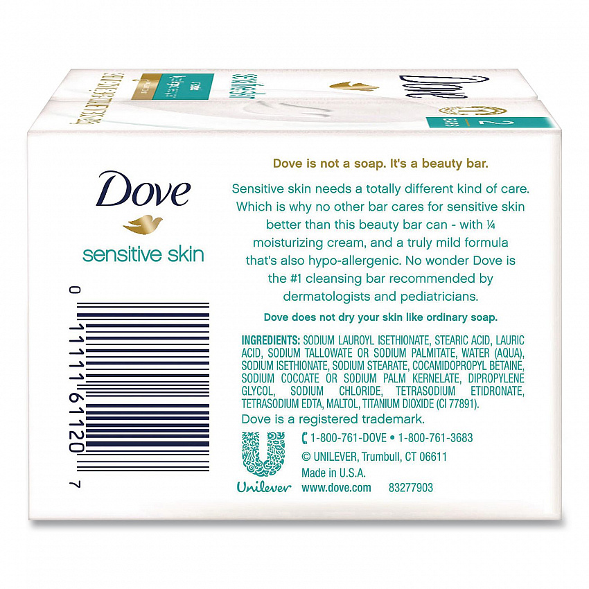 Sensitive Skin Bath Bar, Unscented, 3.75 oz, 8 Bars/Pack, 9 Packs/Carton (CB613789)
