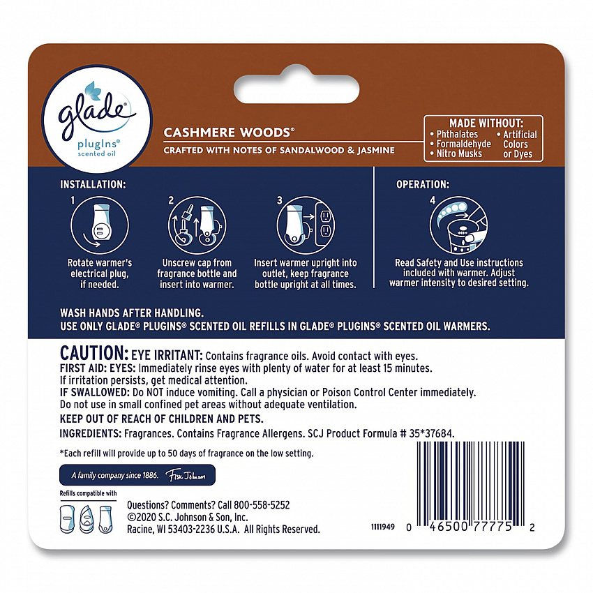 Plugin Scented Oil Refill, Cashmere Woods, 0.67 oz, 5/Pack (366544)