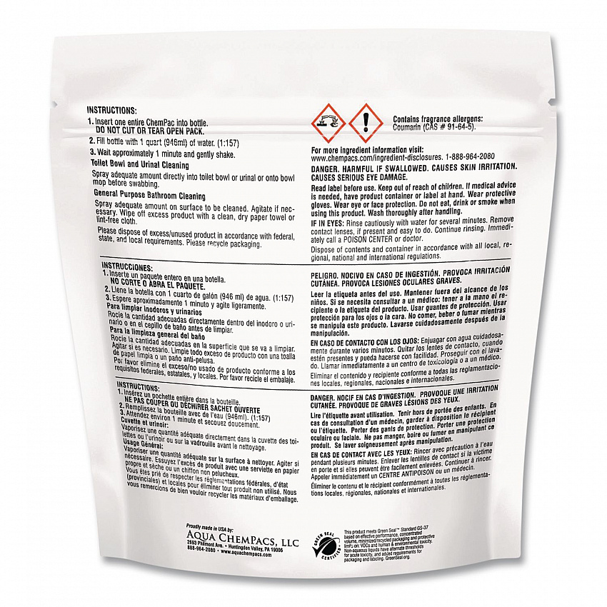 Aqua ChemPacs Non-Acid Bathroom and Bowl Cleaner, Lavender Scent, 6 g Packets, 80 Chem Pacs/Pack, 4 Packs/Carton (9320972)