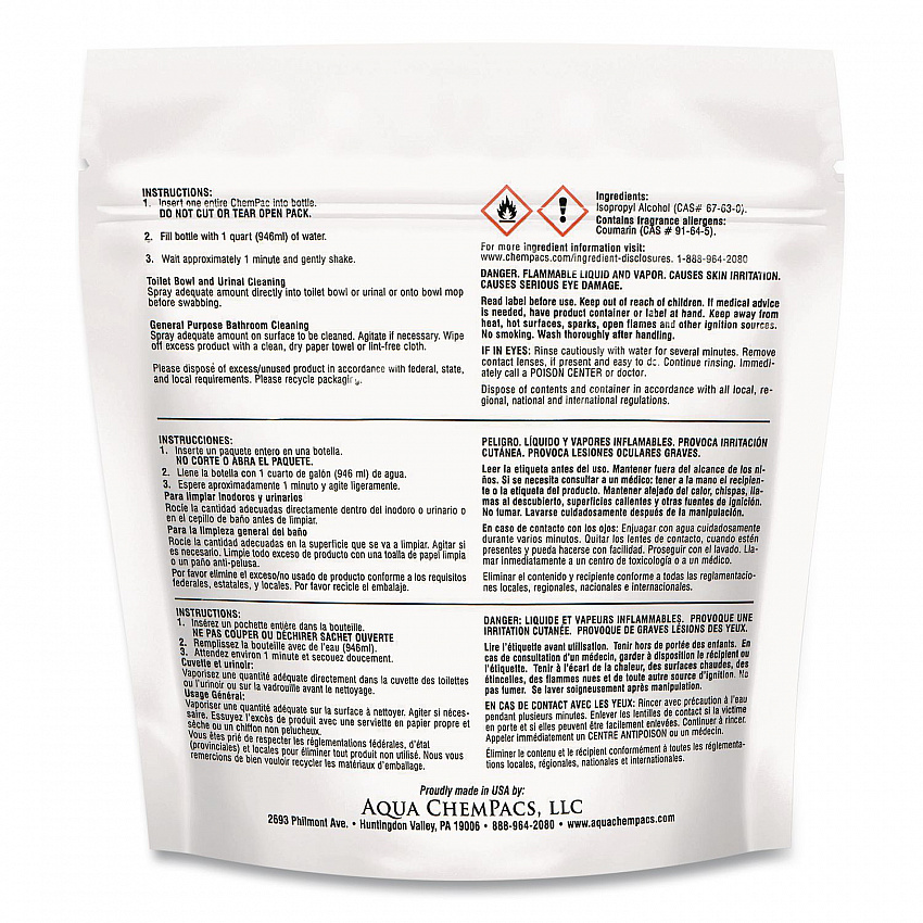 Aqua ChemPacs Acidic Bathroom and Bowl Cleaner, Lavender Scent, 4 g Packets, 12 ChemPacs/Bag with 1 qt Spray Bottle (9320999)