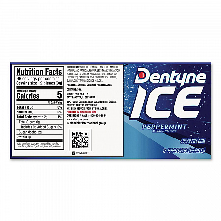 Sugarless Gum, Peppermint Flavor, 16 Pieces/Pack, 12 Packs/Carton (22002647)