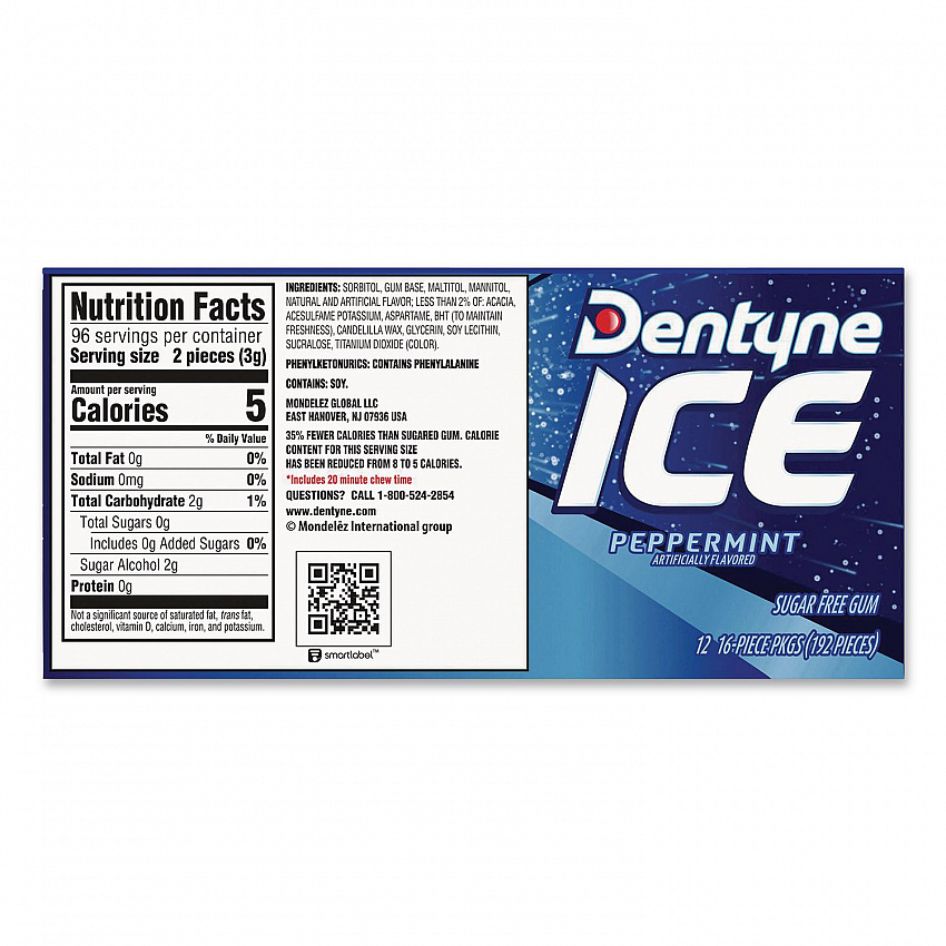 Sugarless Gum, Peppermint Flavor, 16 Pieces/Pack, 12 Packs/Carton (22002647)