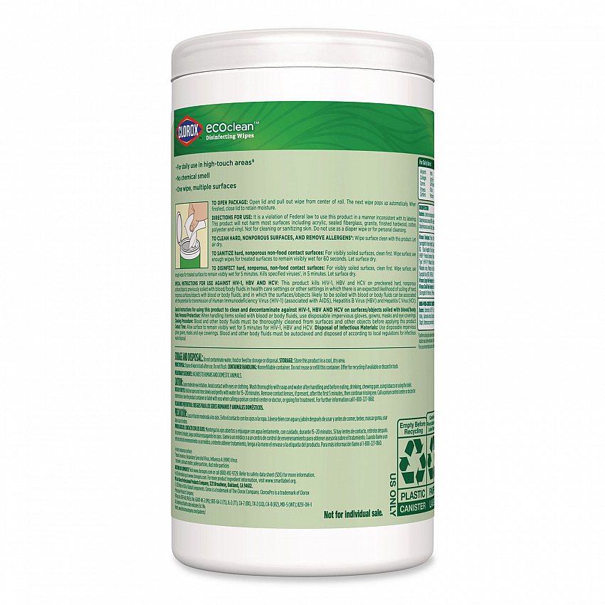 CloroxPro EcoClean Disinfecting Wipes, 1-Ply, 7 x 8, Unscented, White, 3/Carton (60787CT)