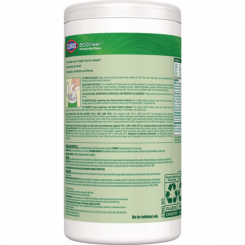 CloroxPro EcoClean Disinfecting Wipes, 1-Ply, 7 x 8, Unscented, White, 3/Carton (60787CT)