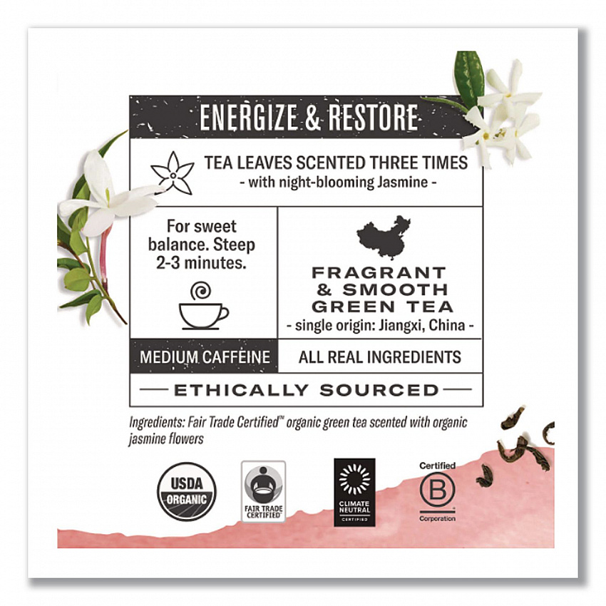 Organic Teas and Teasans, 1.27 oz Filterbag, Jasmine Green, 18/Box (10108)