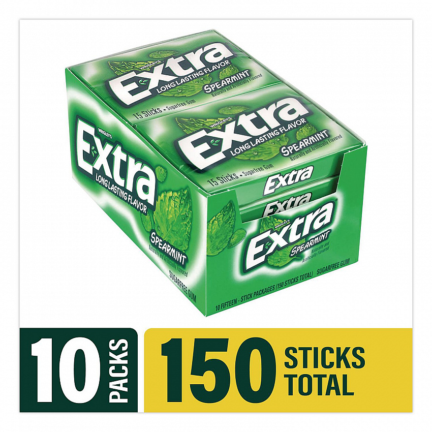 Extra Spearmint Sugar-Free Gum, Spearmint, 15 Sticks/Pack, 10 Packs/Carton (22002638)