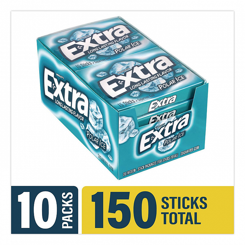 Extra Polar Ice Sugar-Free Gum, Polar Ice, 15 Sticks/Pack, 10 Packs/Carton (22002641)