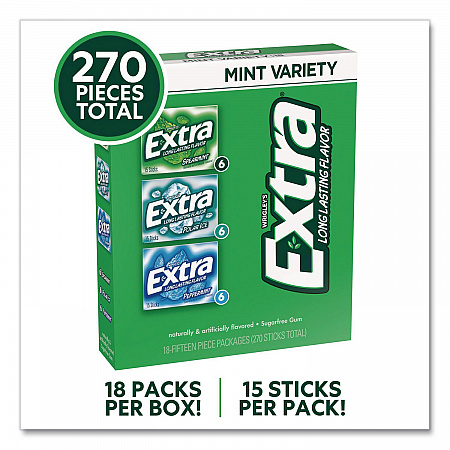 Extra Mint Variety Sugar-Free Gum, Peppermint/Polar Ice/Spearmint, 15 Sticks/Pack, 18 Packs/Carton (22002643)