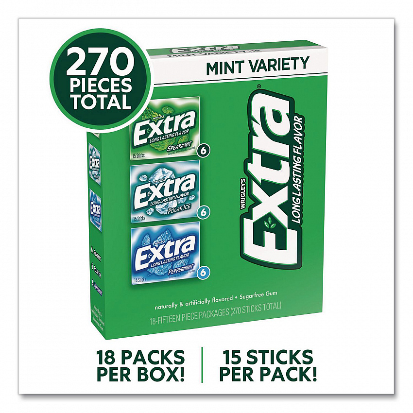 Extra Mint Variety Sugar-Free Gum, Peppermint/Polar Ice/Spearmint, 15 Sticks/Pack, 18 Packs/Carton (22002643)