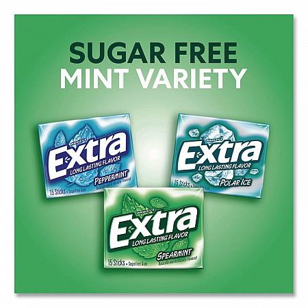 Extra Mint Variety Sugar-Free Gum, Peppermint/Polar Ice/Spearmint, 15 Sticks/Pack, 18 Packs/Carton (22002643)