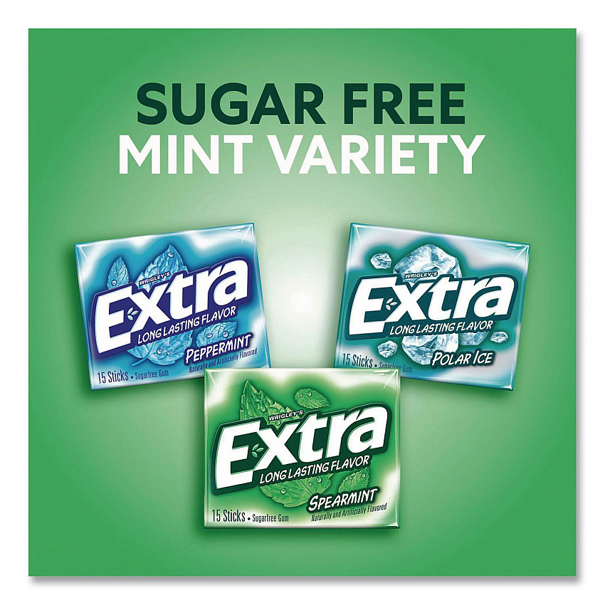 Extra Mint Variety Sugar-Free Gum, Peppermint/Polar Ice/Spearmint, 15 Sticks/Pack, 18 Packs/Carton (22002643)