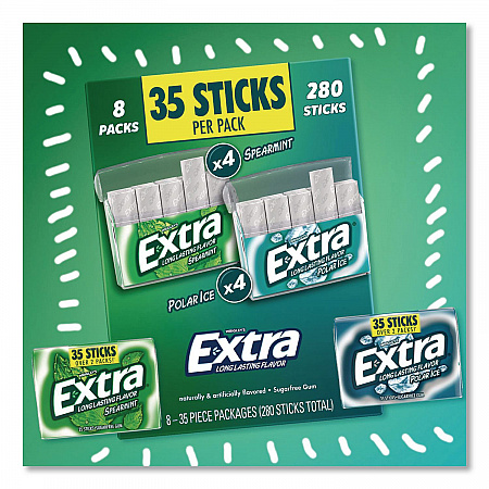 Extra Polar Ice and Spearmint Sugar-Free Gum Variety Pack, Polar Ice/Spearmint, 35 Sticks/Pack, 8 Packs/Carton (22002644)
